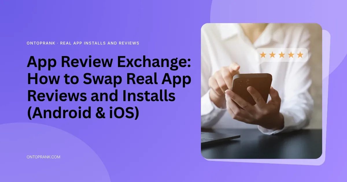 App review exchange: developer holding a smartphone showing a five-star app review rating