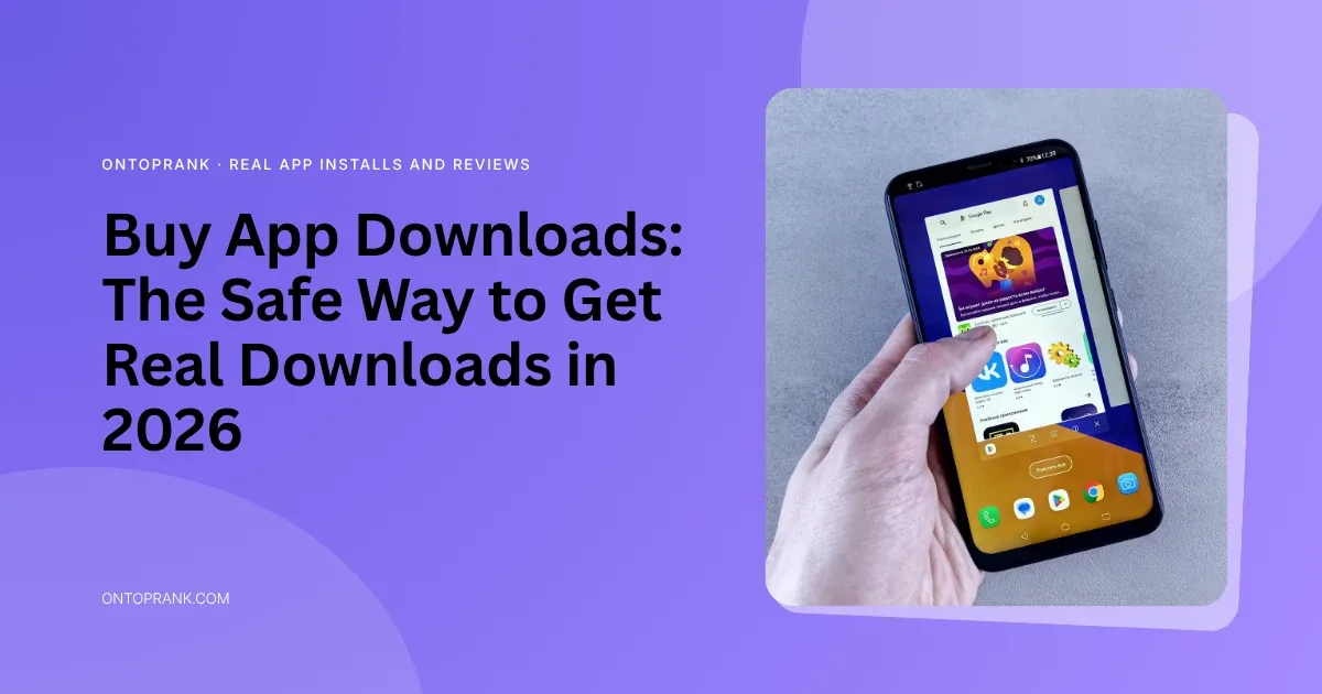 Buy app downloads safely: hand holding an Android phone with the Google Play Store open
