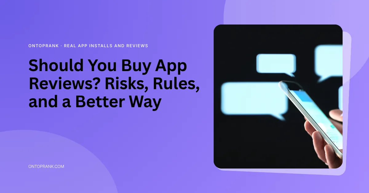 Should you buy app reviews: hand holding a phone surrounded by glowing review chat bubbles