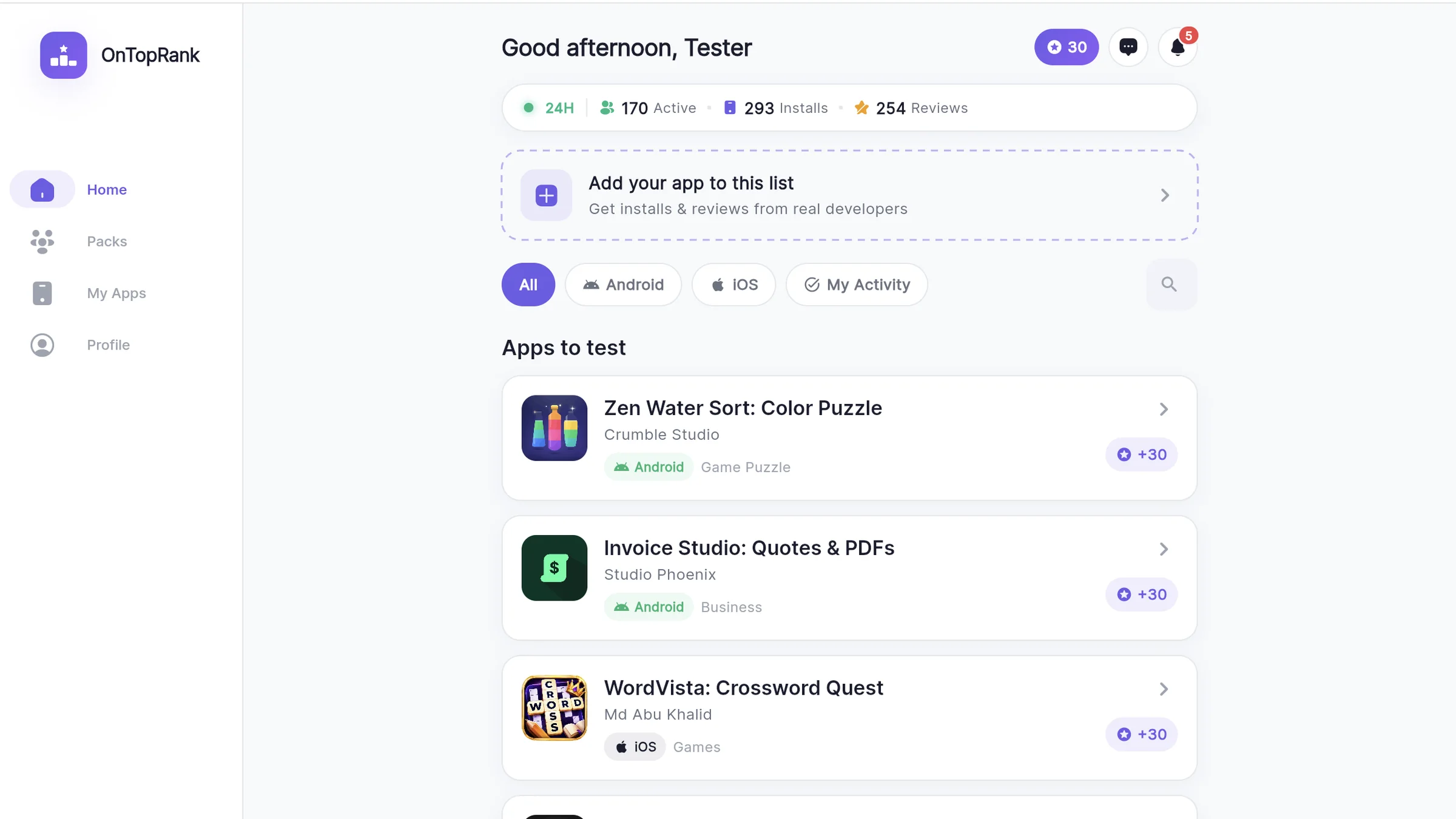 The OnTopRank dashboard listing apps to test, each worth 30 credits