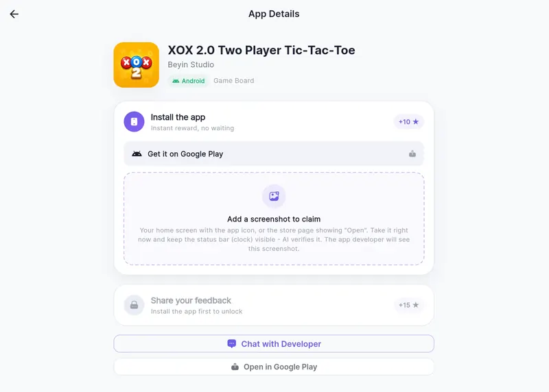 Earning verified installs and reviews on an app
